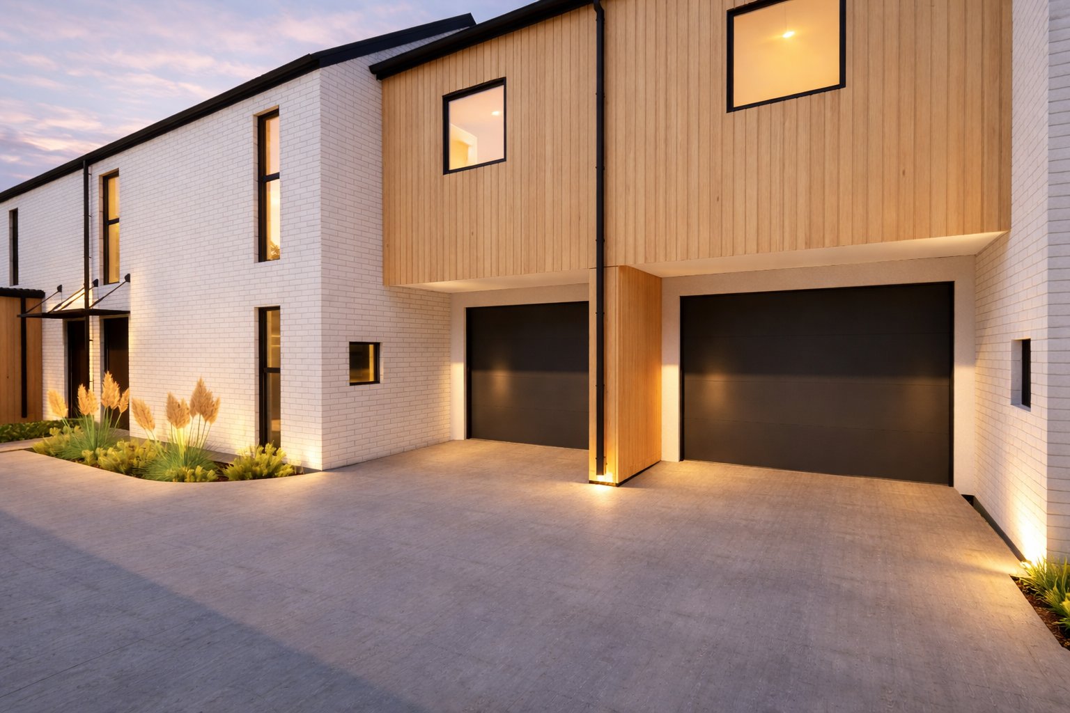 Garage detail — dusk